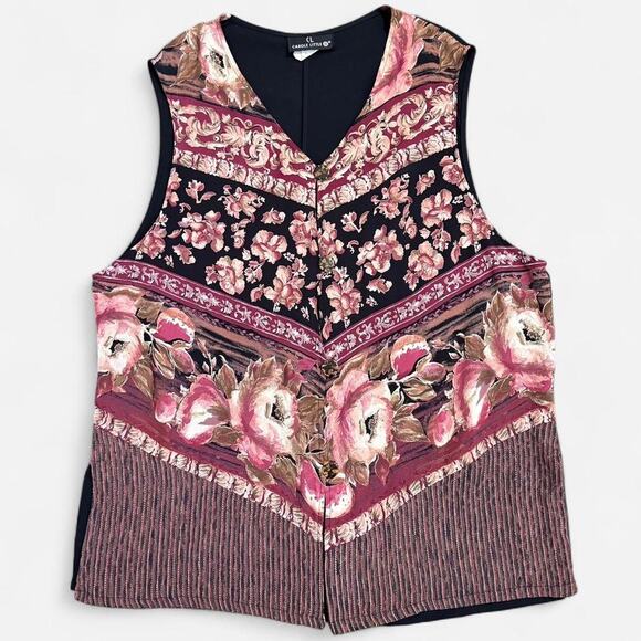 VTG 90s Carole Little Pink & Black Boho Fairy Whimsy Floral Sleeveless Vest Top - Picture 6 of 8